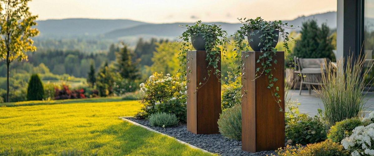 Metallsäule Trapani in Rostoptik mit Pflanzkübeln und hängendem Efeu als Designelement. 