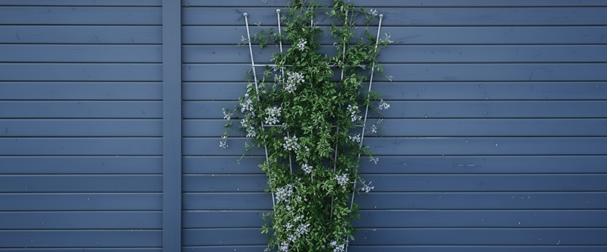 Rankgitter Brindisi in feuerverzinkt von ELEO, bepflanzt mit blau blühender Rankpflanze.