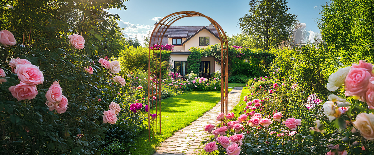 Unbeschichteter Rosenbogen Cesena als  Grundstückseingang mit vielen Blühenden Rosen und einem Einfamilienhaus im Hintergrund.