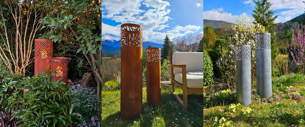 Collage aus Windlichtsäulen-Sets in Rostoptik und beschichtetem grauen Metall in den Modellen Adda, Livenza und Roya